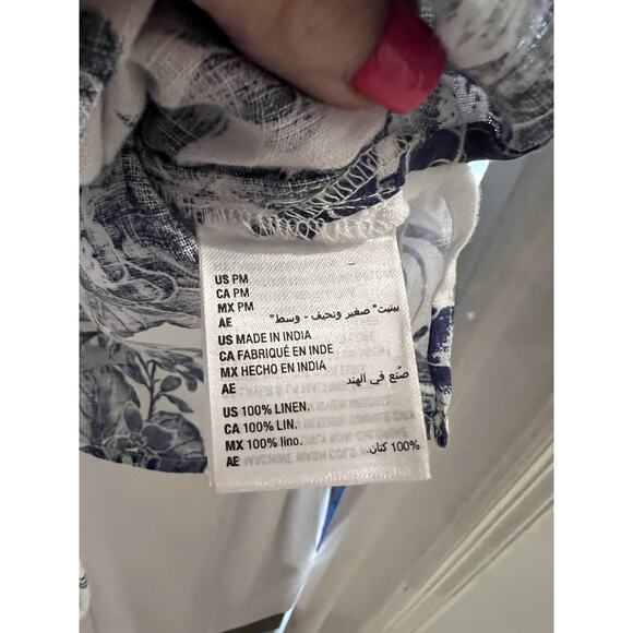 Charter Club Blue White Floral Linen Button Front Top Sz Petite M - Picture 6 of 9